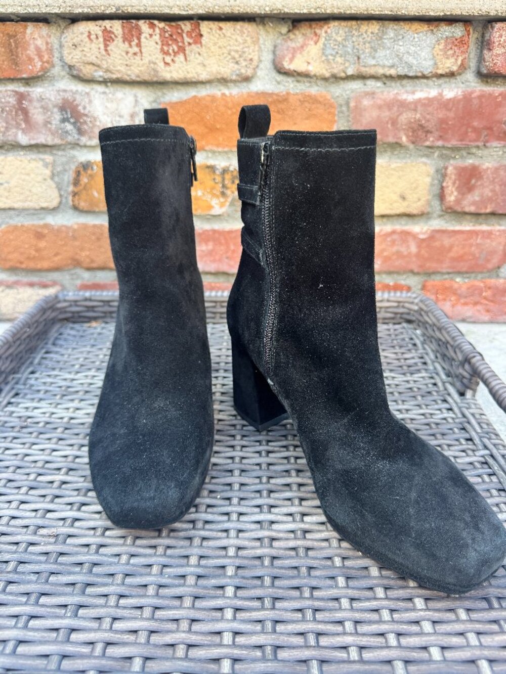 Bella Vita Black Suede Double Buckle Block Heel Booties 7M